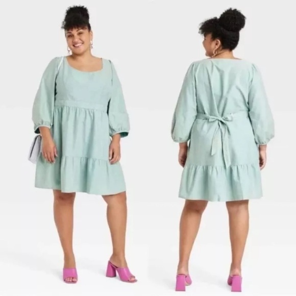 Ava & Viv Dresses & Skirts - Ava & Viv Tiered Dress Tie Back Balloon Sleeve A Line Acid Wash Green Size 1X